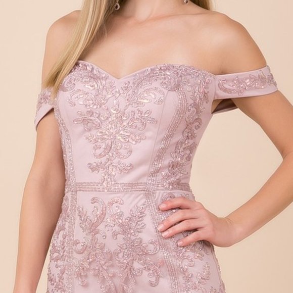 NEW OFF SHOULDER SLEEVELESS MERMAID EMBROIDERED DRESS WITH ZIPPER BACK NX H294 - Picture 4 of 8